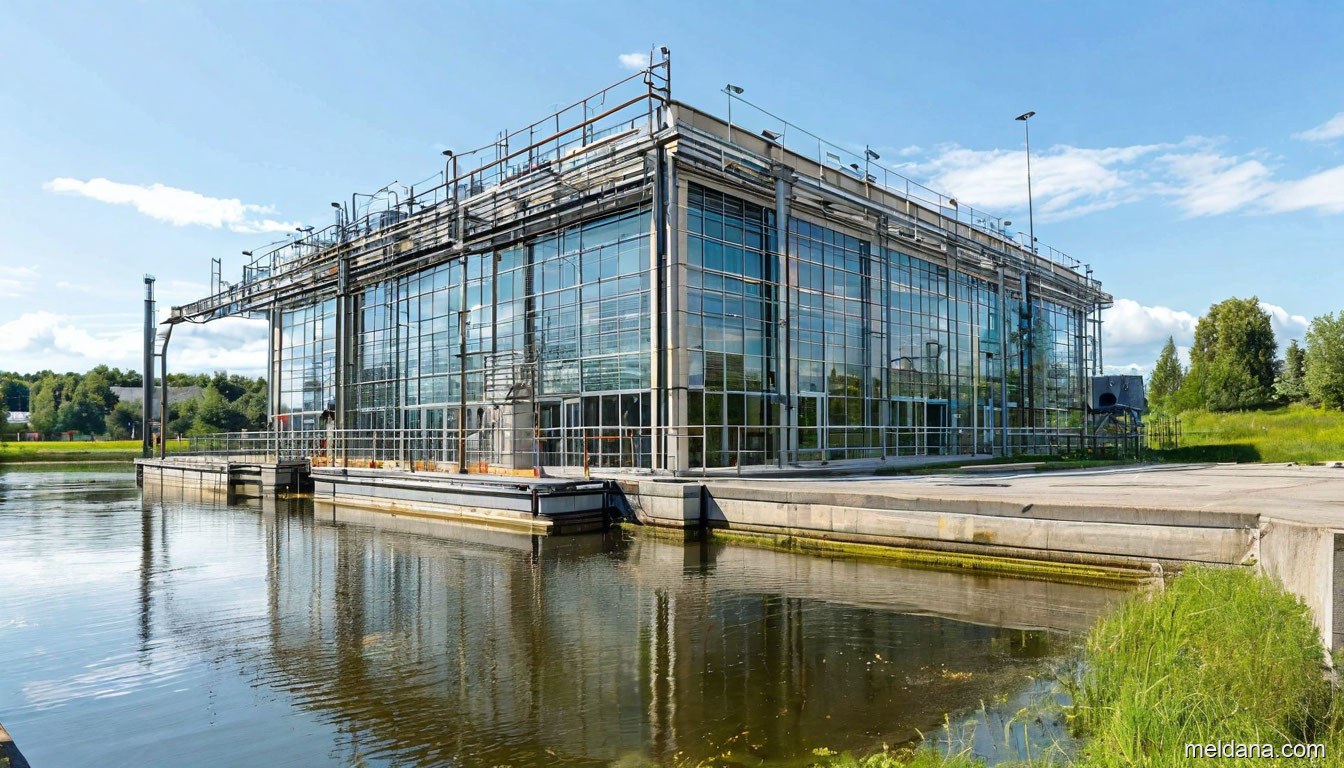 Насосная станция первого подъёма водозабора под защитной сетчатой конструкцией